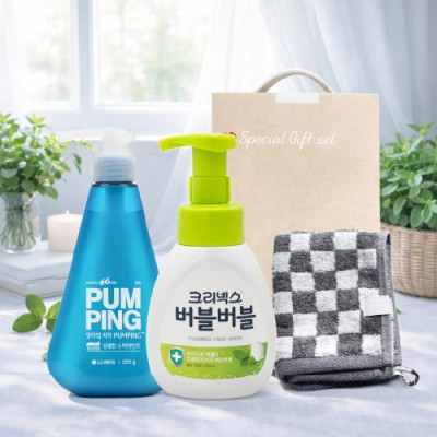 브생건 펌핑4호세트(페리오 펌핑285g+크리넥스 버블핸드워시250ml+뱀부선염체스그리드핸드고리수건)